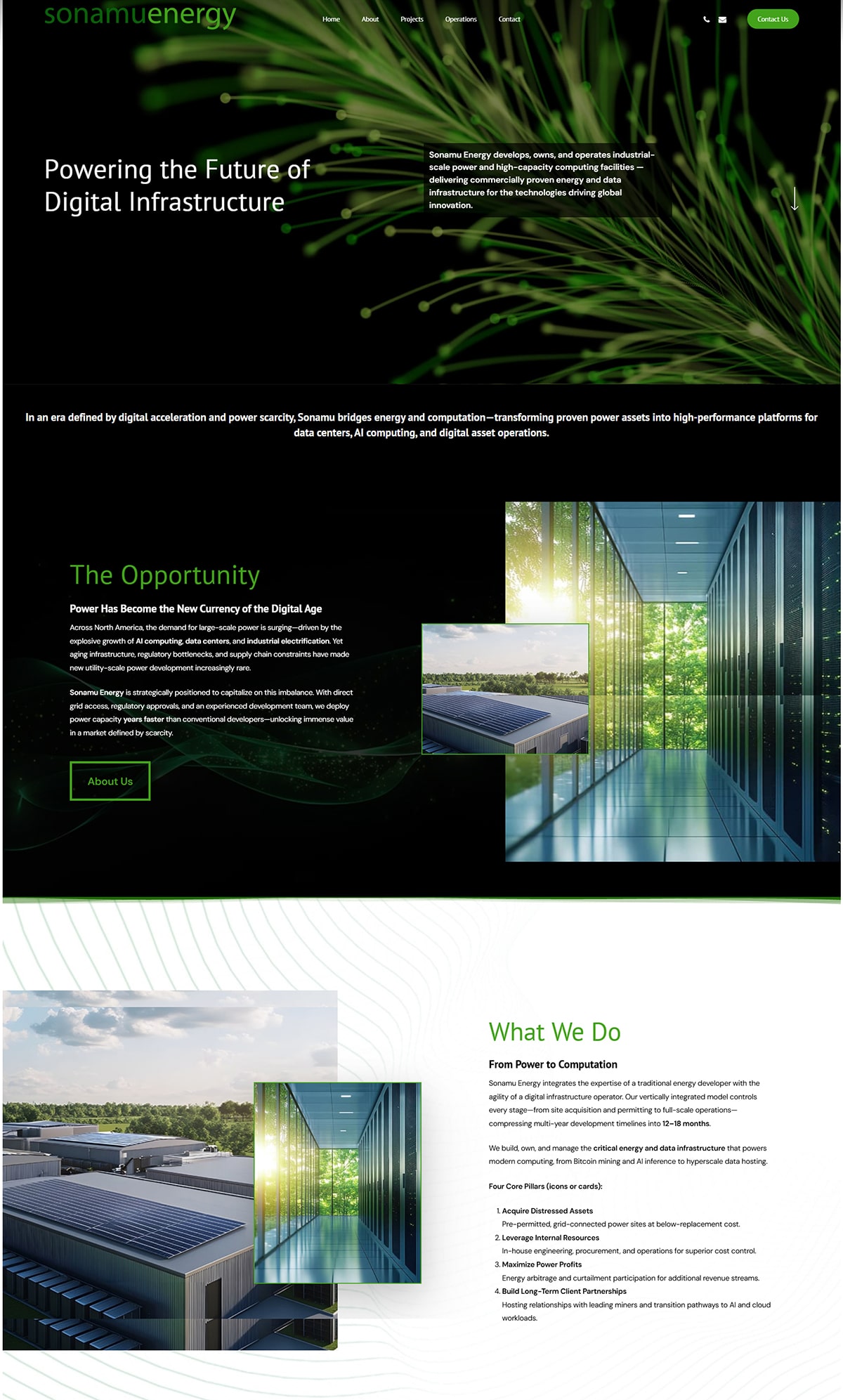 Screenshot of the Sonamu Energy website designed by Alchemy Imageworks, featuring custom data visuals, investor-focused content, and a modern energy-sector brand design.