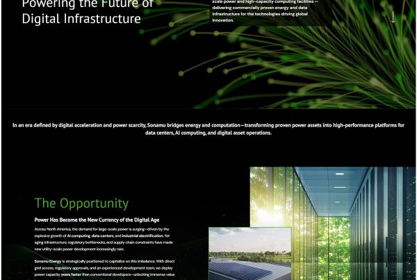 Screenshot of the Sonamu Energy website designed by Alchemy Imageworks, featuring custom data visuals, investor-focused content, and a modern energy-sector brand design.