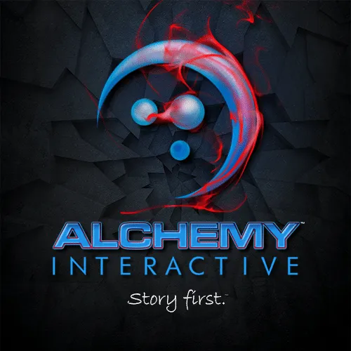 Alchemy Interactive logo with blue and red swirls