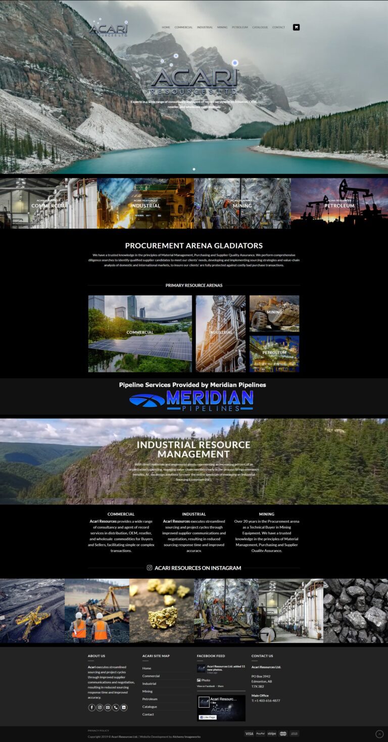Acari Resources website homepage with mountain lake background