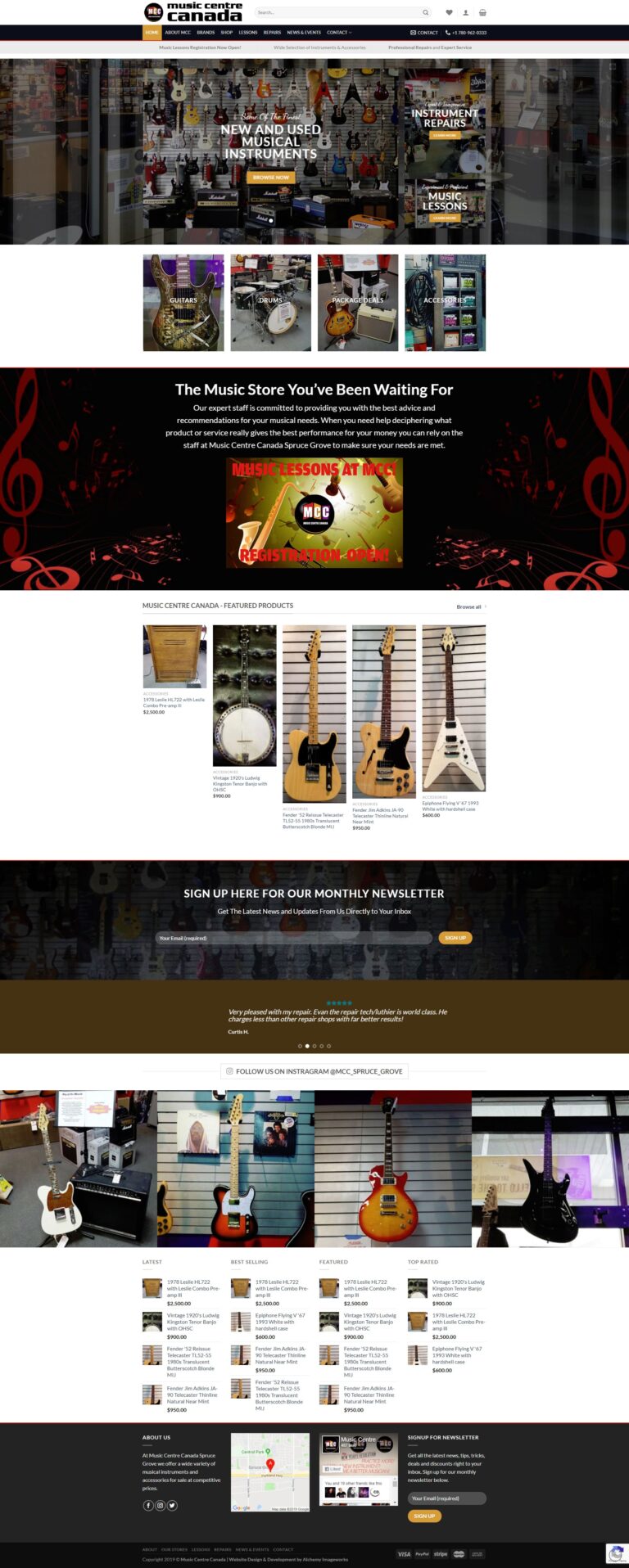 Music Centre Canada store homepage with guitars display