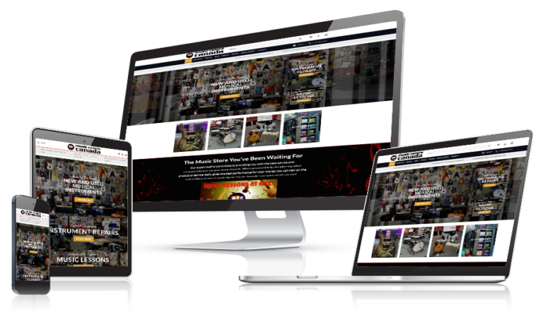 Music store website displayed on desktop, tablet, and mobile