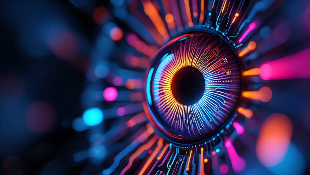 Digital eye with colorful neon lights and circuit patterns